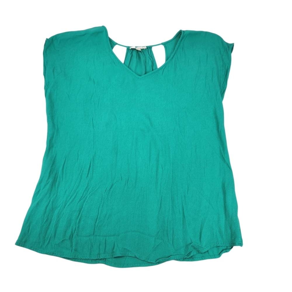 Skies Are Blue Gena Cut Out Detail Top Teal Green Blouse XL V-Neck Cap Sleeve - Picture 6 of 11